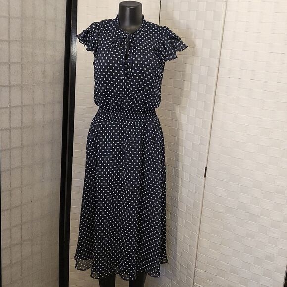 BRAND NEW MSK POLKA-DOT MIDI FIT &FLARE SCUBA NECK CHIFFON DRESS - Picture 3 of 16